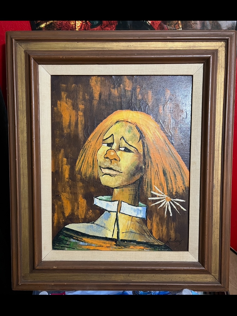 Signed Ander Clown Original Modernist Portrait Painting on Canvas Framed MCM